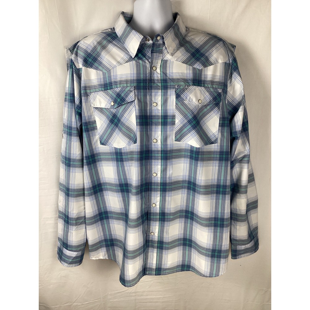 Magellan Outdoors Fishing Shirt Men XL Blue Plaid Pecos Ridge Pearl Snap Western